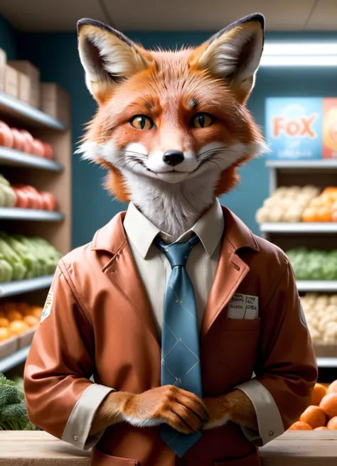 arafed fox in a suit and tie standing in a grocery store