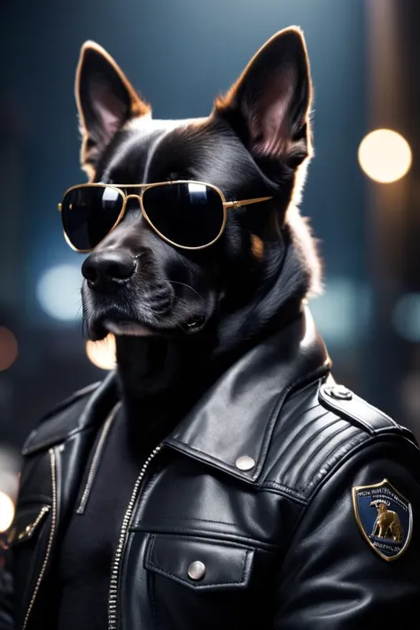 cinematic film still <lora:animal p ffusion v2-ep2:1> dog wearing sunglasses and a leather jacket with a black background, k9, l...