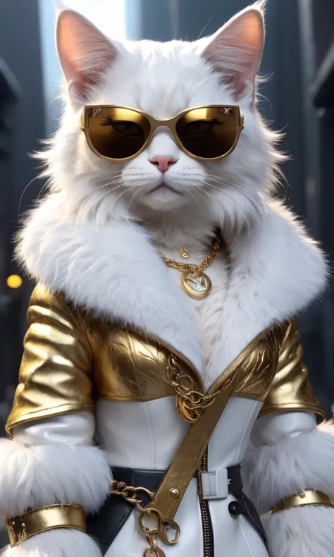 comic <lora:animal p ffusion (tx encoder):1> female cat wearing a white fur coat and sunglasses with a gold chain, cgsociety 9, ...