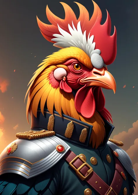 pixel-art dressed in a military uniform with a red head, illustration of a rooster, anthropomorphized chicken, illustration of an angry rooster, epic exquisite character art, fantasy duck concept portrait, baroque digital painting, awarded on cgsociety, highly detailed cgsociety, alejandro olmedo art, by André Beauneveu, trending on character design <lora:AnimAl P FFusion v2-ep2:1>,(Warm Colors:1.3) . low-res, blocky, pixel art style, 8-bit graphics