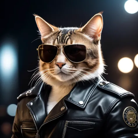 cinematic film still <lora:animal p ffusion:1> cat wearing sunglasses and a leather jacket with a black background, k9, looking ...