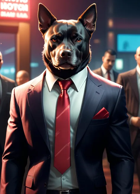 GTA-style artwork <lora:AnimAl P FFusion v2-ep2.4:1> full body view of a Dog dressed like a hitman in a suit with a red tie at the luxury modern night club, yakuza, mafia, hitman, gangster, shallow depth of field, vignette, highly detailed, graphic illustration, comic art, graphic novel art, vibrant, highly detailed, bokeh, cinemascope, moody, epic, gorgeous, film grain, grainy . Satirical, exaggerated, pop art style, vibrant colors, iconic characters, action-packed