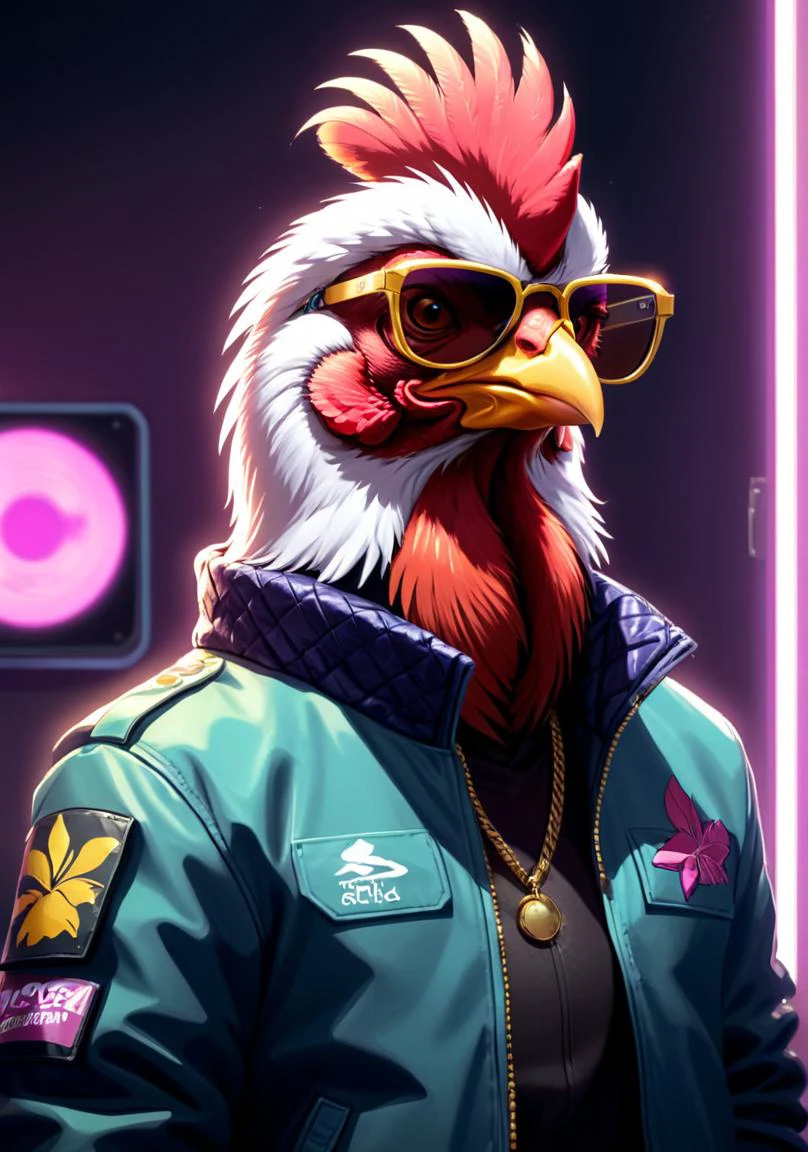 A close up of a rooster wearing sunglasses and a jacket - SeaArt AI