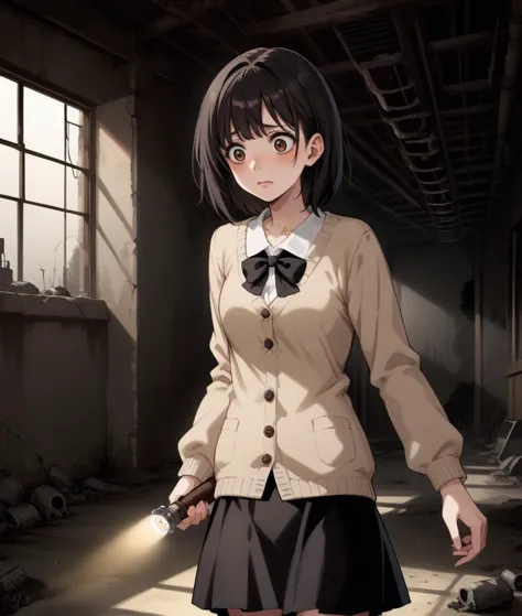 score_9, score_8_up, score_7_up, source_anime, dark, horror \(theme\), dark theme, <lora:pointing_flashlight:1>, flpoint, flashlight, black hair, brown eyes, 1girl, indoors, shadows, abandoned, worried, (scared expression:0.6), black hair, brown eyes, cowboy shot, concrete walls, beige cardigan, pleat skirt, indoors