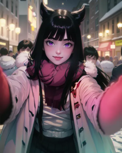 anime girl with horns and scarf taking a selfie in the street