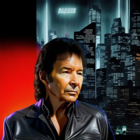 TheOldShadowrunStyles, NeilBreen from the waist up, facing forward, wearing denim shirt and leather jacket, center of frame, rainy downtown city background, night time, neon lights, illumination, intricate detail, sharp focus, high octane 3d render