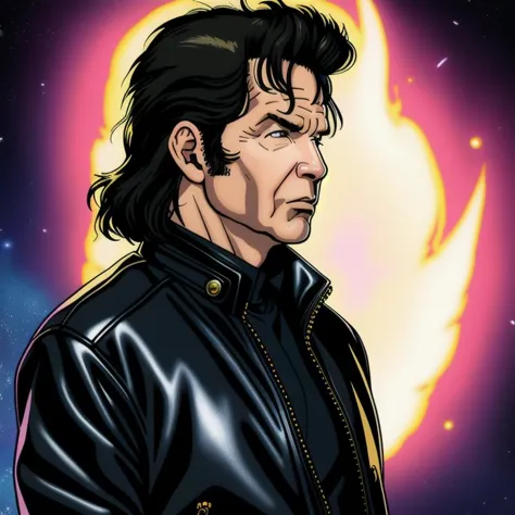 a man in a leather jacket standing in front of a sun