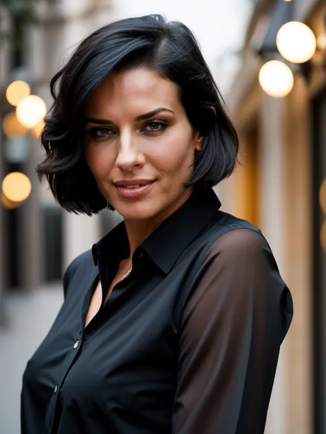 a close up of a woman with a black shirt and a black shirt