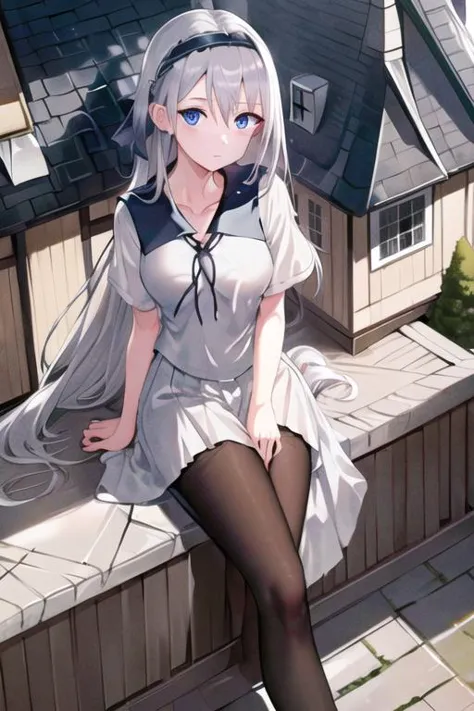 masterpiece,best quality, highres, kei1, 1girl, solo, blue eyes, long hair, white dress, short sleeves, ribbon, bangs, collarbone, grey hair, whte skirt, black hairband, black pantyhose, neck ribbon, hair between eyes, medium breasts, sailor collar, <lora:shirogane_kei_v10:0.7>, 
a scene involving one (mesogts) woman, looking at viewer, (laying down), highly detailed skin, leaning against second floor balcony outside house, outside, solo, car, sidewalk, road, yard, trees, outside a two story home, gable roof, shingles, brick walkway, garden, lawn, grass, view from above
<lyco:minigts_v3_lycoris:0.75>