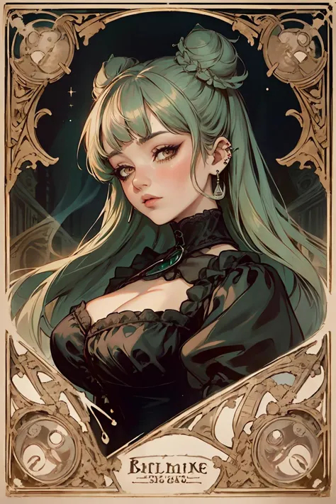 victorian_esoteric, victorian poster of a woman, (RSEEmma:1.5)<lora:RSERomantic_RSESofiko_RSEEmma-v1:0.3>, blunt bangs, green hair, twin buns, brown eyes, edgEarPiercing, ear piercing, earrings, full lips, <lora:Uva:0.8> <lora:weight_slider_v2:1> <lora:edgEarP_LoRA:0.7> <lora:victorian_esoteric-10:0.6> ethereal, lace, vintage, melancholic, elegant, ghostly, intricate, sepia tones, ornate frame, mysterious, faded, portrait, enigmatic, wistful, romantic, gothic, elaborate, Victorian era, dark beauty, time-worn, haunting allure, antique, captivating, Victorian fashion