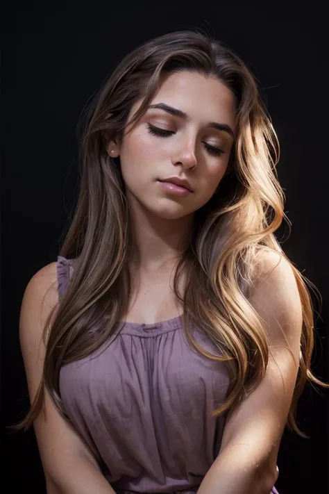 <lora:Jasmine:.7>, simple background, dark background, upper body, at front, portrait, <lora:GoodHands-vanilla:0.8> better_oppai,  Light purple blouse, long hair
Closed eyes and a gentle crease between the brows, reflecting a moment of deep thought and contemplation.