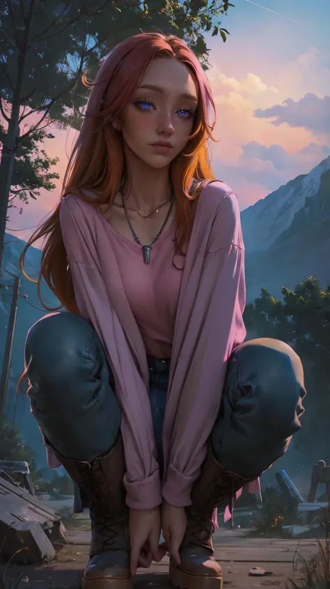 concept art (detailed eyes:1.3), Beautiful Lighting, (real skin), cowboy shot, mountain,
1girl, knees to chest, solo, collarbone...