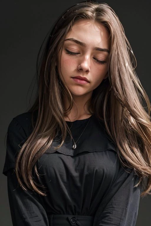 simple background, dark background, upper body, at front, portrait, better_oppai,  Melon blouse, long hair
Closed eyes and a furrowed brow, the faint crease between the brows reflecting deep contemplation and introspection.