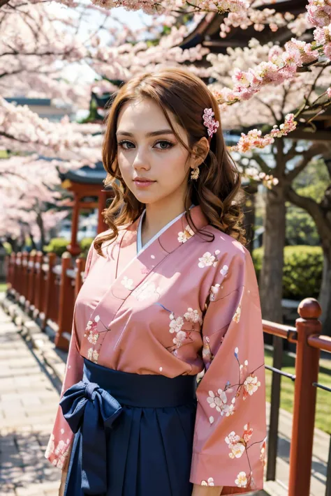 jyojifuku, furisode, hakama, floral print, hair ornament, outside, cherry blossoms, red torii, sunny, high quality, masterpiece,...