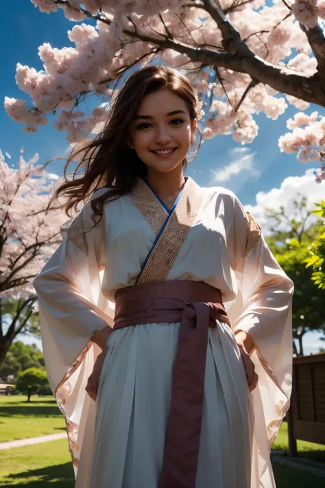 under tree, cherry blossom, smile, silhouette, see through, floating hair, wind, clouds, sunlight, blue sky, bokeh, backlighting...