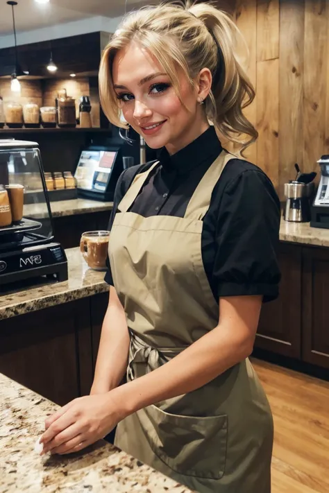 <lora:Uva:.7>, blonde hair, brown eyes, ponytail, apron, black shirt, rolled sleeves, looking at viewer, smiling, medium shot, s...