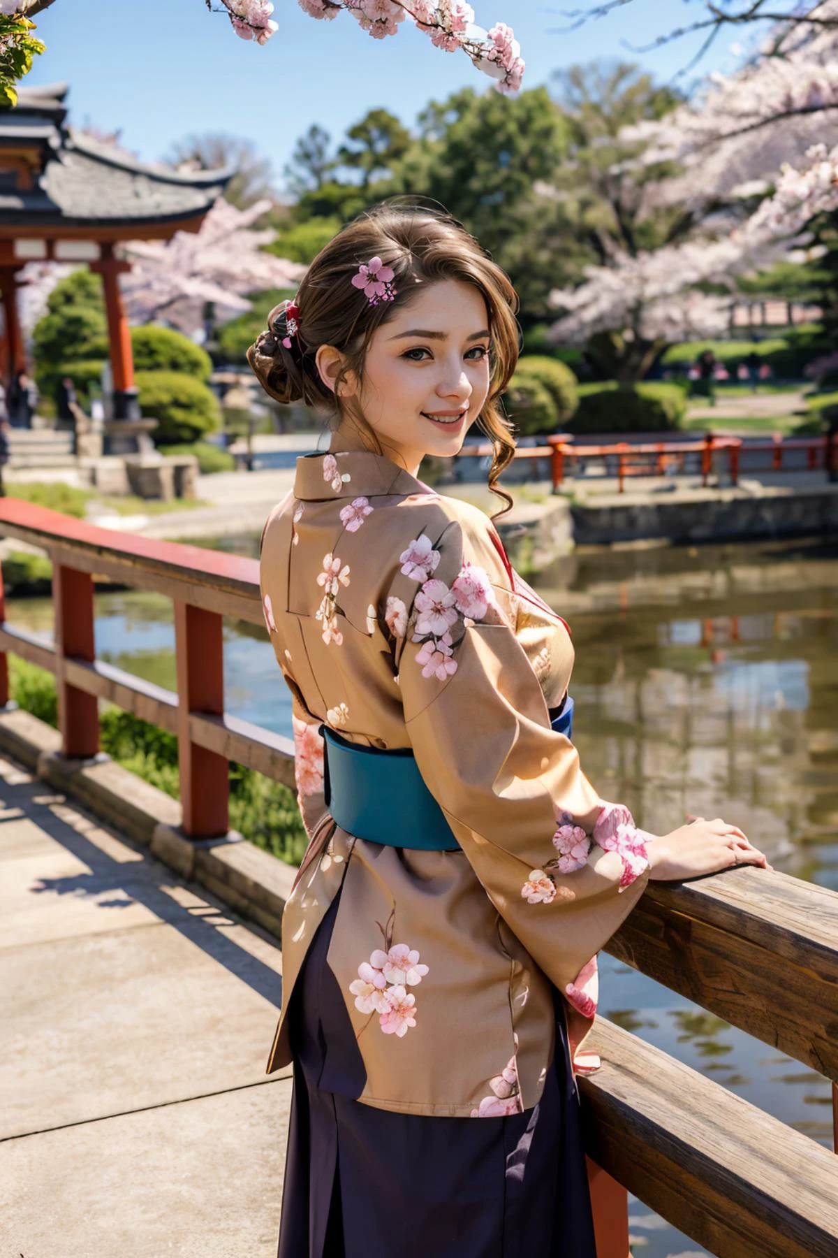 jyojifuku, furisode, hakama, floral print, hair ornament, outside, cherry blossoms, red torii, pond, sunny, high quality, masterpiece, brown eyes, brown hair, looking at viewer, serious, smirk, leaning, on railing, from_behind,