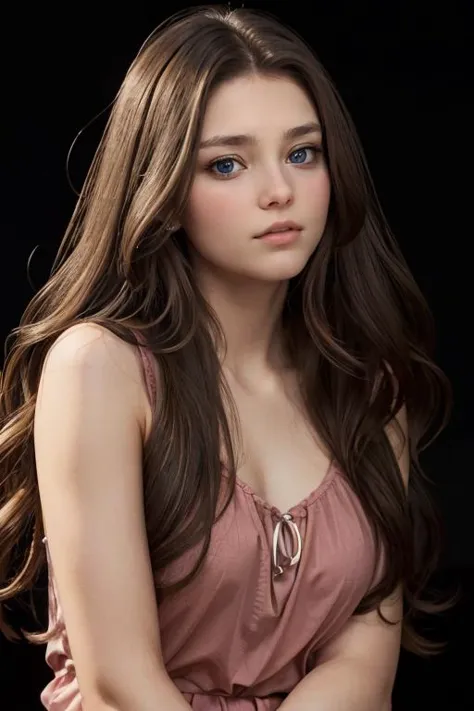 <lora:Quinn:.7>, simple background, dark background, upper body, at front, portrait, <lora:GoodHands-vanilla:0.8> better_oppai,  Lip Pink blouse, long hair, 
The lips are closed in profile, neither pursed nor slack, maintaining neutrality.