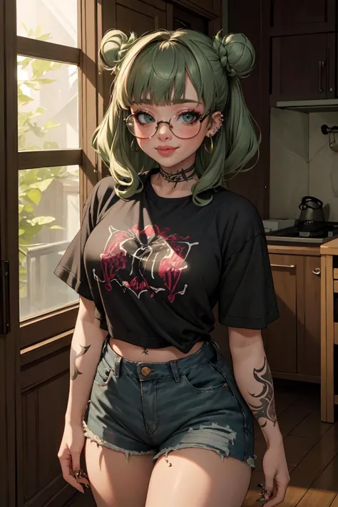 highres, masterpiece, perfect lighting, bloom, cinematic lighting, adult, female, looking at viewer, cowboy shot, (RSEEmma:1.5)<lora:RSERomantic_RSESofiko_RSEEmma-v1:0.3>, blunt bangs, black hair:green hair, twin buns, glasses, punk, jean shorts, (piercings, tattoo), full lips, :), smile,  <lora:Uva:0.8>  <lora:weight_slider_v2:1>, <lora:punk_v0.2:0.8>