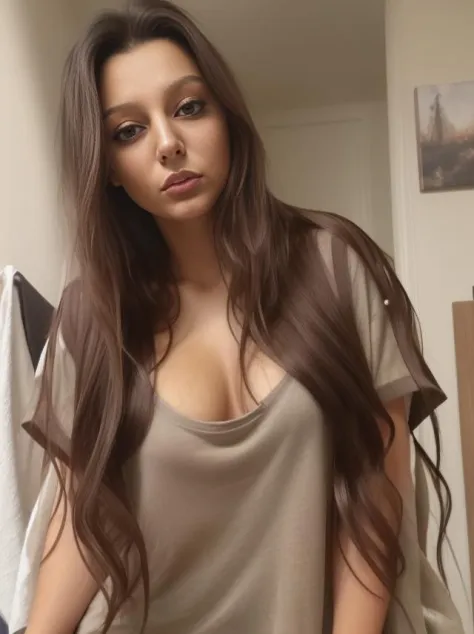 <lora:KW:1> woman wearing an oversized t-shirt and no pants, brunette hair, amber eyes, long hair, hyper realistic, 4k, masterpiece, beautiful, facing the viewer, cleavage, dark lipstick, ((oversized t-shirt))