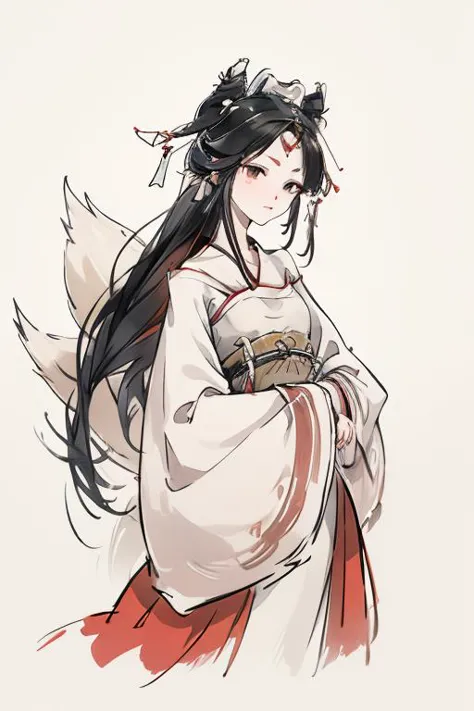 <lora:sanweihu:1>,sanweihu,1girl,solo,long hair,white background,hair ornament,chinese clothes,arms at sides,black hair,tail,multiple tails,fox tail,jewelry,dress,simple background,long sleeves,earrings,hanfu,forehead mark,sash,white dress,hair stick,
<lora:Freehand_Brushwork:0.4>,<lora:animeLineartMangaLike_v20Offset:0.2>,lineart,(very long hair:1.3),
portrait,dynamic_angle,front view,kittew,cuteg,flat chest,small_breasts,looking_at_viewer,close-up,crossed_arms,, best quality , masterpiece, illustration, an extremely delicate and beautiful, extremely detailed ,CG,unity,8k wallpaper, Amazing, finely detail, masterpiece, best quality,official art,extremely detailed CG unity 8k wallpaper,absurdres, incredibly absurdres, huge filesize , ultra-detailed, highres, extremely detailed,beautiful detailed girl, extremely detailed eyes and face, beautiful detailed eyes,light on face,