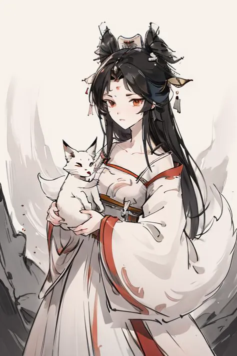 a woman in a white dress holding a cat and a bird