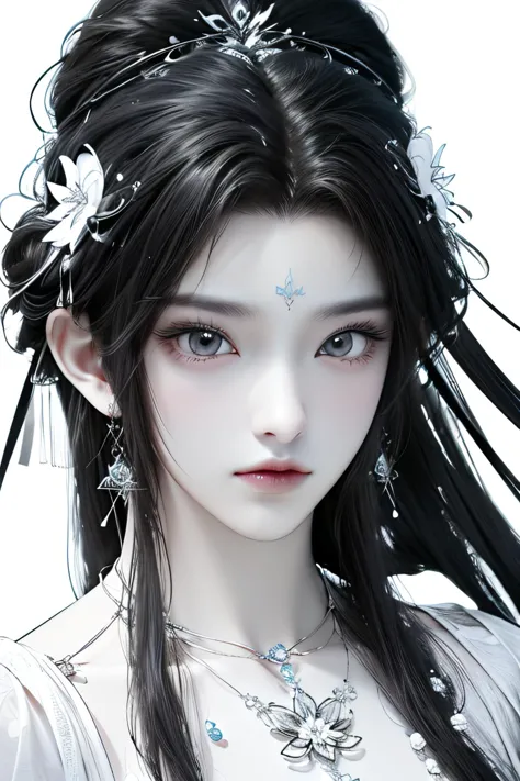 <lora:QingYiV2:0.8>,monochrome,
qingyi,1girl,hair ornament,jewelry,solo,black hair,earrings,long hair,(forehead mark:0.7),white ...