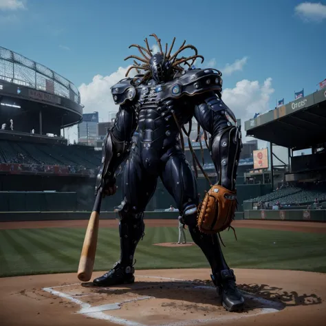 (masterpiece:1.4), (best quality:1.4), (realistic, photo realistic:1.4), <lora:gantz-advancedsuit_v10:0.9>, gantz-advancedsuit, 1boy, dreadlocks, huge arms, slim, (((baseball cap))), (((Playing Baseball))), dynamic angle, cinematic still shot, full body, (looking at viewer), (((baseball stadium))), audience, detailed face, detailed iris, beautiful detailed eyes, extremely detailed skin, extremely detailed CG unity 8k wallpaper, finely detail, detailed background,