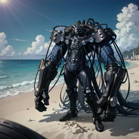 a close up of a robot on a beach near the ocean