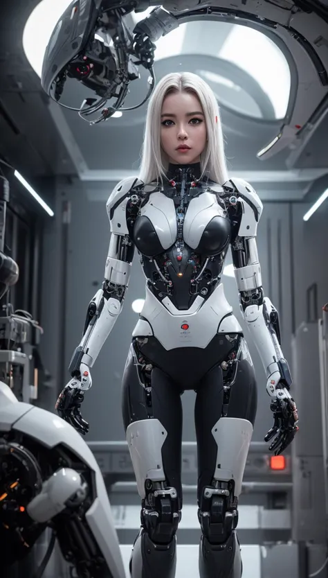 a woman in a futuristic suit standing in a room