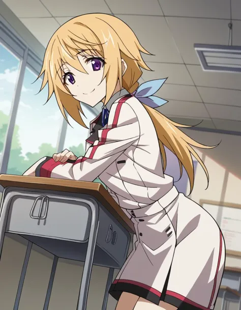 anime girl in uniform leaning on a desk with a laptop