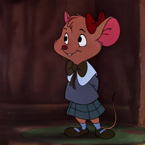 a close up of a cartoon mouse with a bow on its head