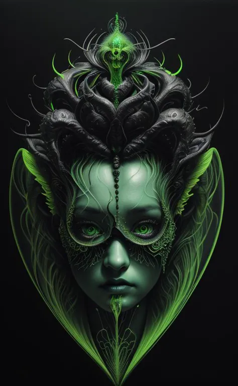 a green and black painting of a woman with a demon's head