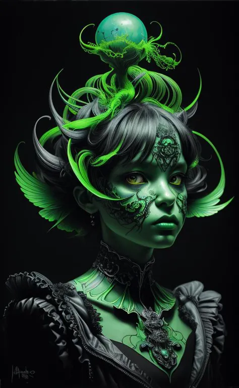 a woman with green hair and a green face with a green headpiece