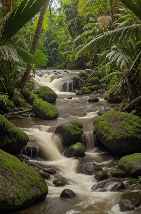 a close up of a stream running through a lush green forest