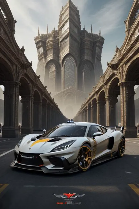 a white and yellow sports car driving down a street next to a tall building