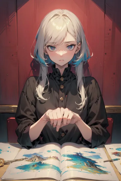 anime girl with blue hair sitting at a table with a book