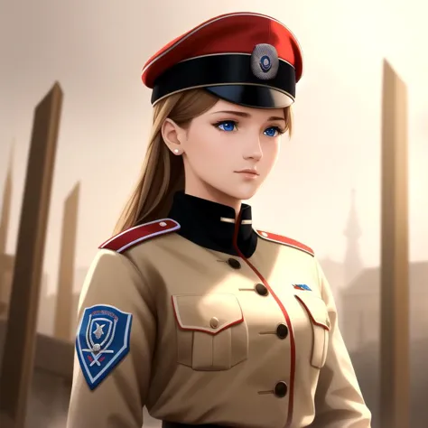 a woman in uniform standing in front of a city