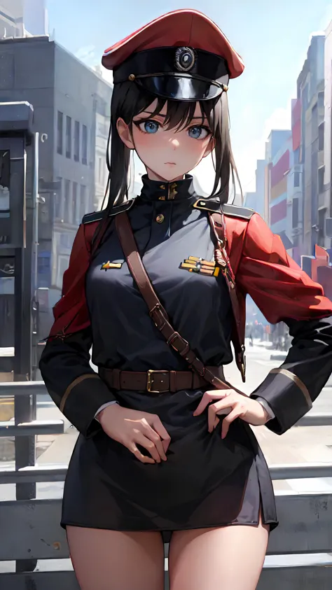 anime girl in uniform posing for a picture in a city