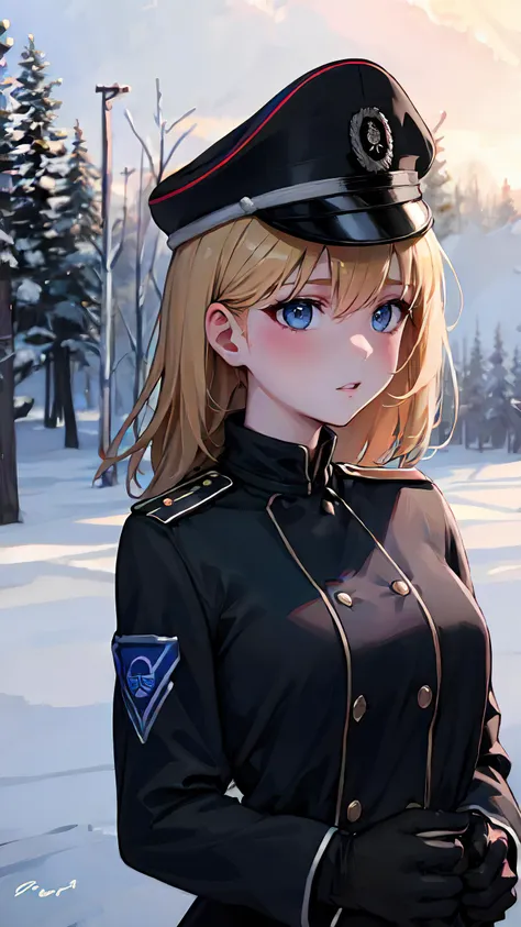 anime girl in uniform standing in the snow with trees in the background