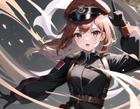 anime girl in uniform holding a gun and pointing at something