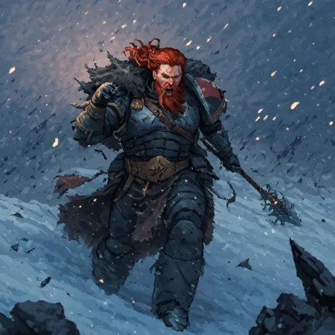 a painting of a man with a sword walking through the snow