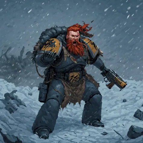 a painting of a man with a gun in the snow