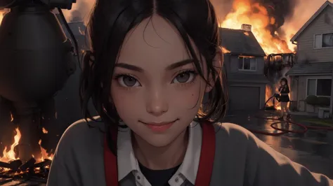 girl smiling, black eyes, looks mysteriously into the camera,burning house, fire hose, hydrant