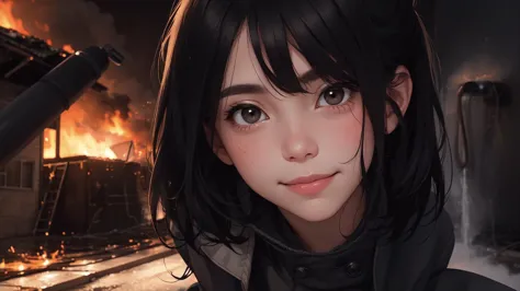 anime girl with black hair and black jacket in front of fire