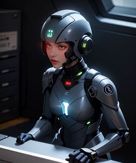 arafed female robot in a futuristic suit standing in a room