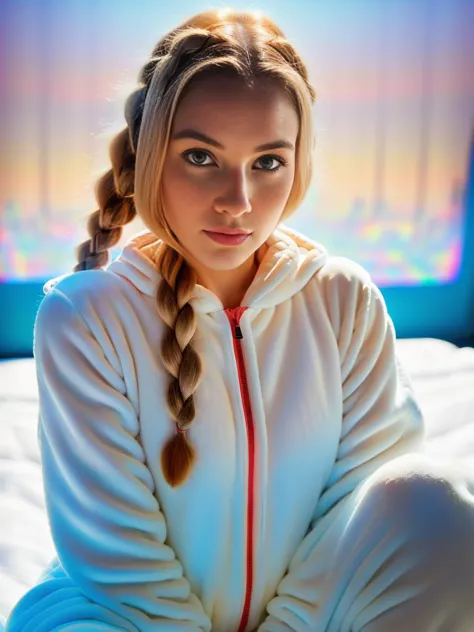 masterpiece, best quality, happy pale white woman, (medium shot:1.4) (large matching eyes), sitting on bed, (braided hairstyle),...