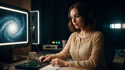 woman sitting at desk with computer and keyboard in dark room