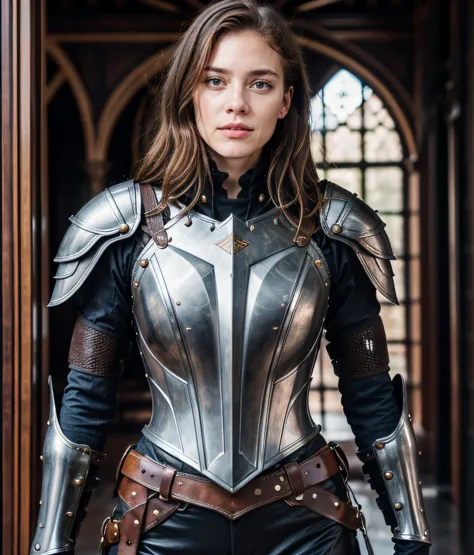 a woman in armor poses for a photo in a building