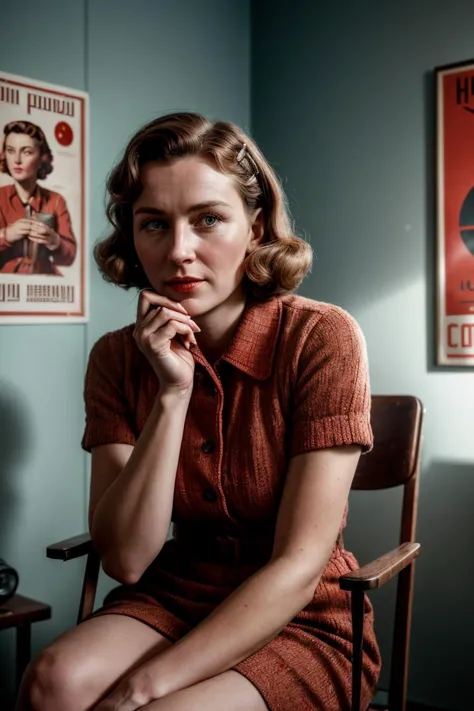 a woman sitting in a chair in front of a poster